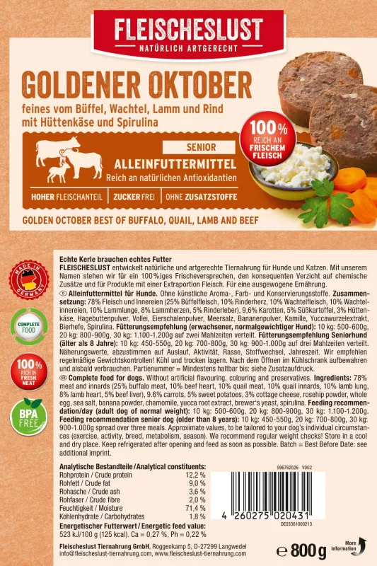 Goldener Oktober Rind, Wachtel und Lamm mit Spirulina, Kamille u. Hüttenkäse 800g